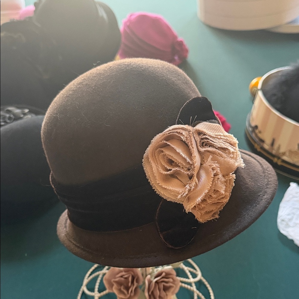 Scala Brown Cloche Hat with Cream Floral Detail